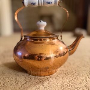 Vintage Copper Teapot with White Handle